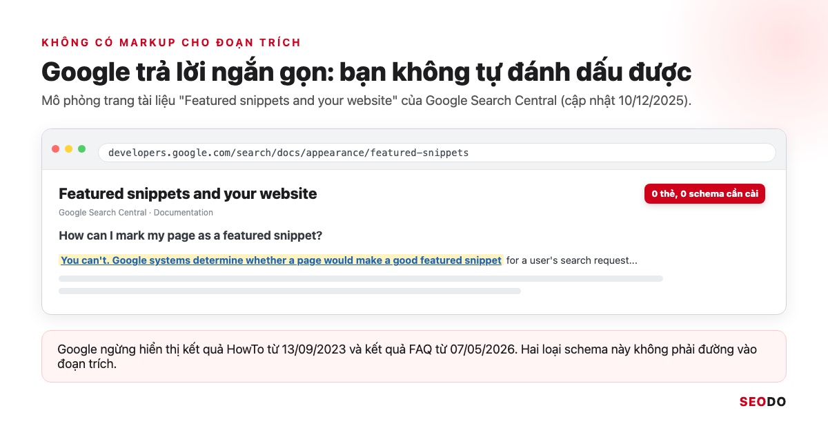 Featured Snippet Là Gì? Cách Google Chọn Đoạn Trích Nổi Bật Và 6 Bước Tối Ưu (Cập Nhật 2026) 45 Mô phỏng trang tài liệu Featured snippets and your website của Google, câu You can't được tô nổi