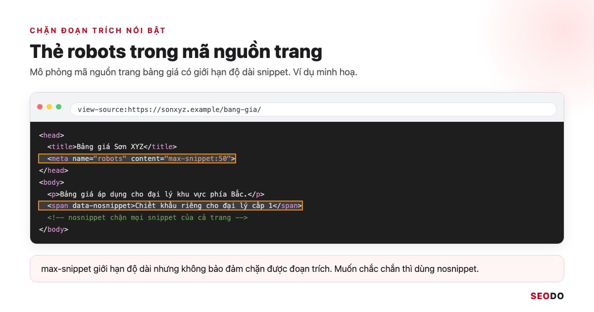 Featured Snippet Là Gì? Cách Google Chọn Đoạn Trích Nổi Bật Và 6 Bước Tối Ưu (Cập Nhật 2026) 57 Mô phỏng mã nguồn trang bảng giá Sơn XYZ có thẻ meta robots max-snippet:50 và thẻ span data-nosnippet được khoanh
