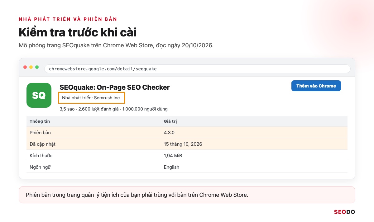 Mô phỏng trang SEOquake trên Chrome Web Store, khoanh nhà phát triển, phiên bản và ngày cập nhật