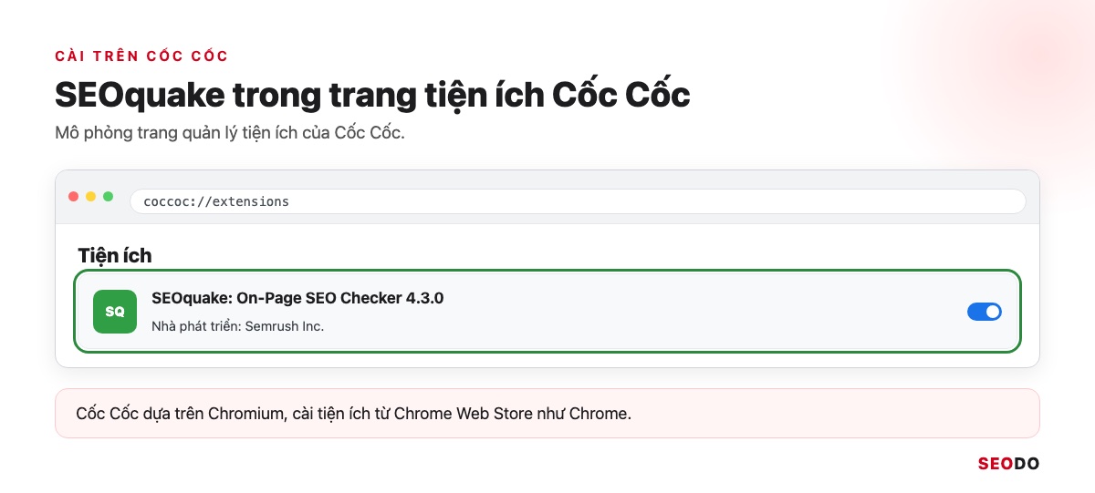 Mô phỏng trang quản lý tiện ích Cốc Cốc có SEOquake đã bật