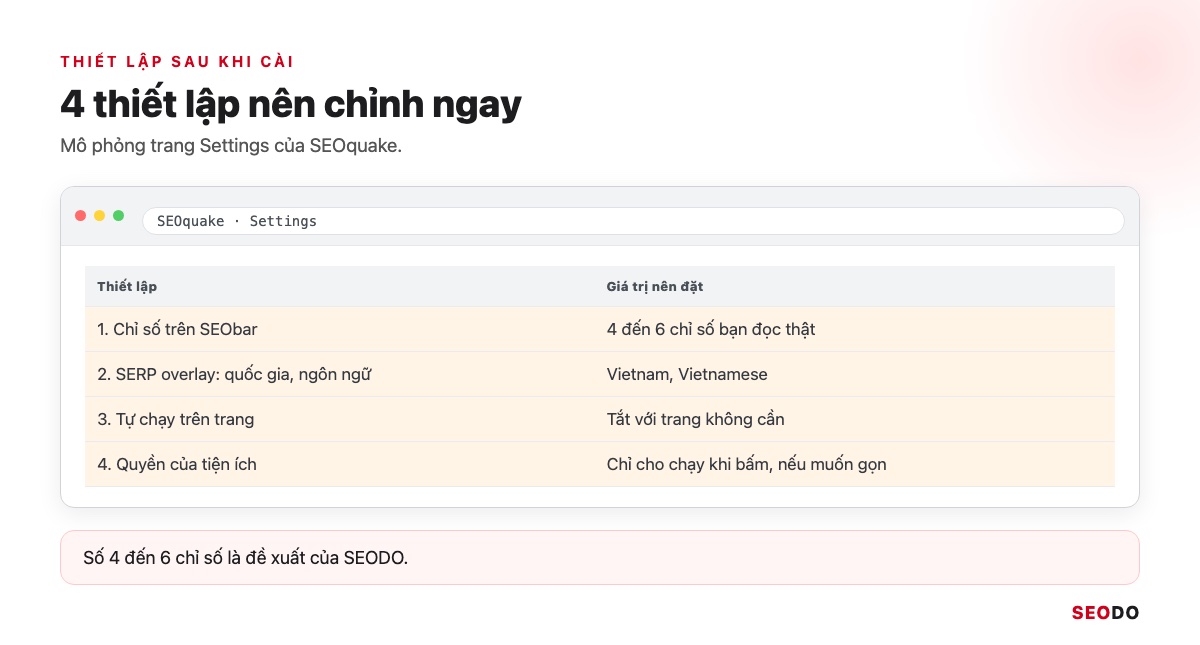 Mô phỏng trang Settings của SEOquake, khoanh 4 thiết lập cần chỉnh