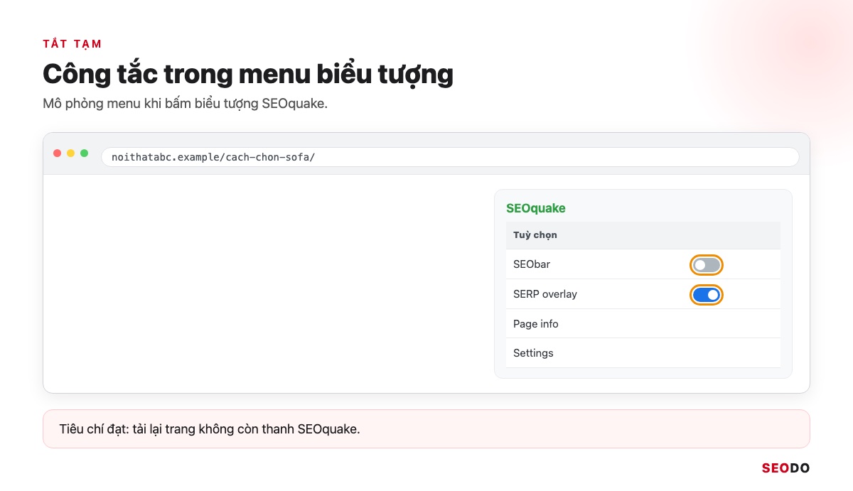 Mô phỏng menu biểu tượng SEOquake, khoanh công tắc SEObar và SERP overlay