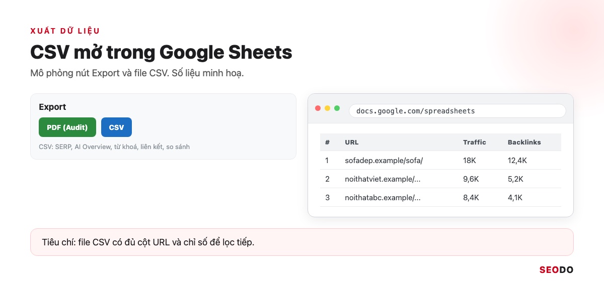 Mô phỏng nút Export và file CSV mở trong Google Sheets
