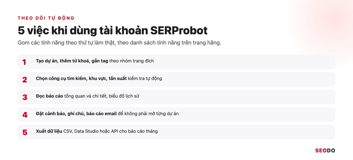 SERProbot Là Gì? Hướng Dẫn Kiểm Tra Và Theo Dõi Thứ Hạng Từ Khoá Bằng SERProbot (Cập Nhật 2026) 46 5 việc khi dùng tài khoản SERProbot từ tạo dự án tới xuất dữ liệu
