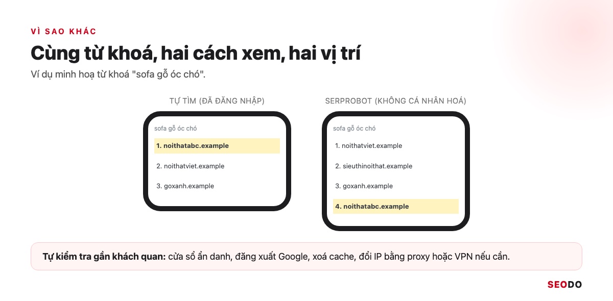 SERProbot Là Gì? Hướng Dẫn Kiểm Tra Và Theo Dõi Thứ Hạng Từ Khoá Bằng SERProbot (Cập Nhật 2026) 45 Hai điện thoại cùng từ khoá cho vị trí khác nhau khi tự tìm có đăng nhập và khi kiểm tra không cá nhân hoá