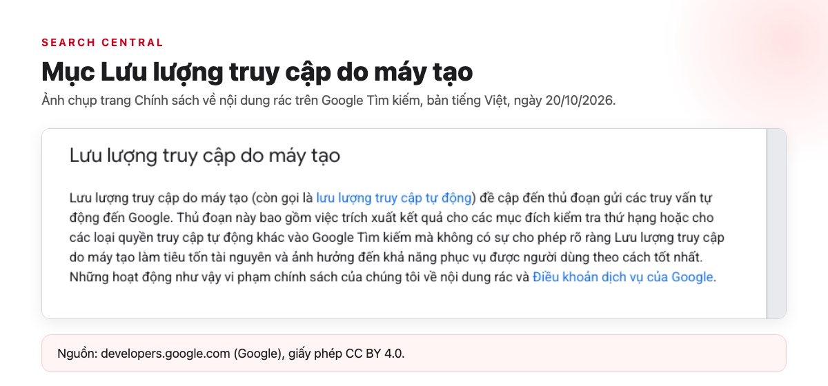 SERProbot Là Gì? Hướng Dẫn Kiểm Tra Và Theo Dõi Thứ Hạng Từ Khoá Bằng SERProbot (Cập Nhật 2026) 58 Ảnh chụp mục Lưu lượng truy cập do máy tạo trên trang Chính sách về nội dung rác của Google Search Central