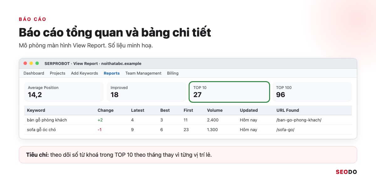 SERProbot Là Gì? Hướng Dẫn Kiểm Tra Và Theo Dõi Thứ Hạng Từ Khoá Bằng SERProbot (Cập Nhật 2026) 49 Mô phỏng màn hình View Report của SERProbot với chỉ số Average Position, Improved, TOP 10 và bảng chi tiết