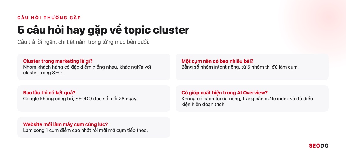 Topic Cluster Là Gì? Cách Chọn Chủ Đề Trụ, Vẽ Bản Đồ Cụm Và Đo Hiệu Quả (Cập Nhật 2026) 100 Bảng tóm tắt 5 câu hỏi thường gặp về topic cluster và câu trả lời ngắn