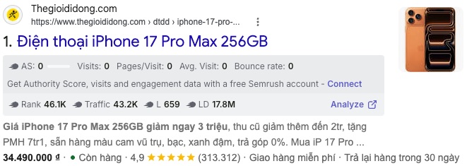 SEO Onpage Là Gì? 20 Việc Cần Làm Theo Thứ Tự Ưu Tiên (Cập Nhật 2026) 92 Kết quả Google của Thegioididong cho iPhone 17 Pro Max hiện giá, còn hàng, 4,9 sao, giao hàng miễn phí