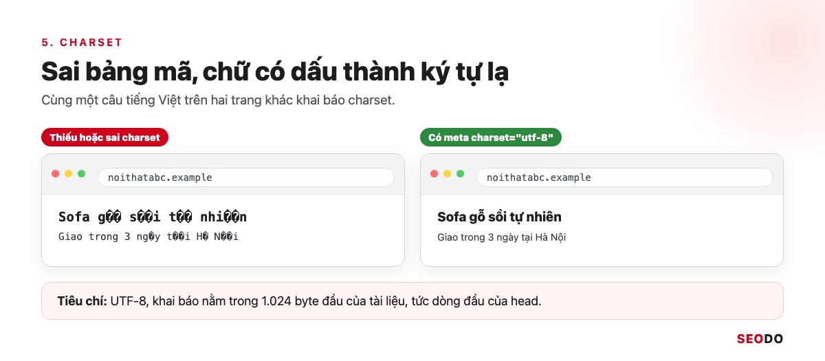 Thẻ Meta Là Gì? Các Thẻ Meta Trong SEO, Thẻ Nào Nên Dùng Và Cách Kiểm Tra (Cập Nhật 2026) 55 Hai cửa sổ trình duyệt, bên trái chữ tiếng Việt lỗi font vì sai charset, bên phải hiển thị đúng
