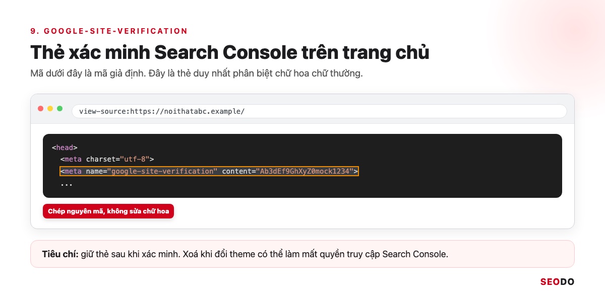 Thẻ Meta Là Gì? Các Thẻ Meta Trong SEO, Thẻ Nào Nên Dùng Và Cách Kiểm Tra (Cập Nhật 2026) 59 Mã nguồn trang chủ có thẻ google-site-verification với mã giả định được khoanh