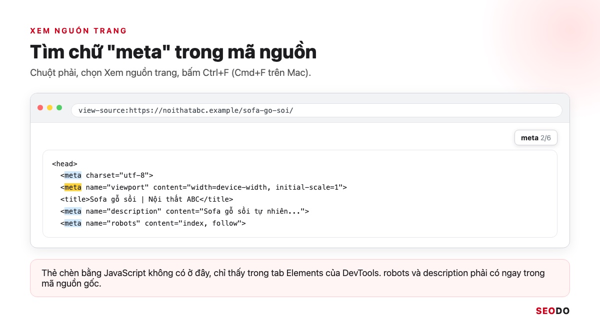 Thẻ Meta Là Gì? Các Thẻ Meta Trong SEO, Thẻ Nào Nên Dùng Và Cách Kiểm Tra (Cập Nhật 2026) 75 Trang Xem nguồn của noithatabc.example với ô tìm kiếm chữ meta và các dòng meta được tô