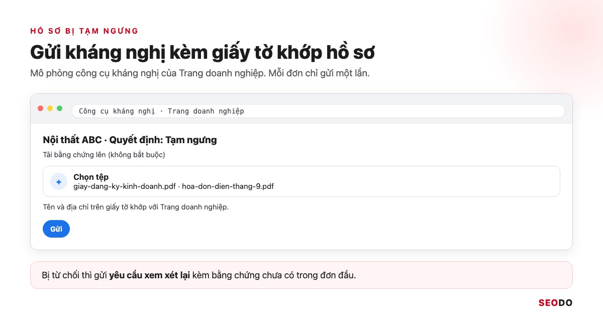 Mô phỏng công cụ kháng nghị Trang doanh nghiệp bị tạm ngưng với ô Chọn tệp