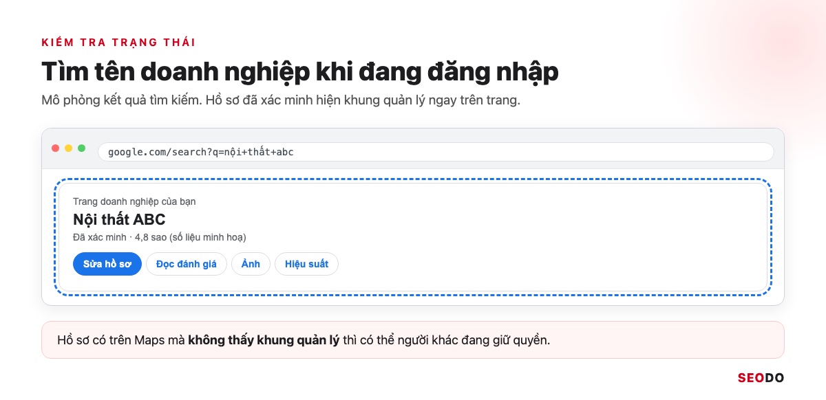 Mô phỏng kết quả tìm kiếm hiện khung quản lý Trang doanh nghiệp khi đang đăng nhập