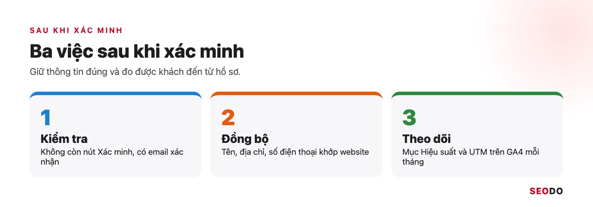 Ba việc sau khi xác minh: kiểm tra trạng thái, đồng bộ thông tin, theo dõi hiệu suất
