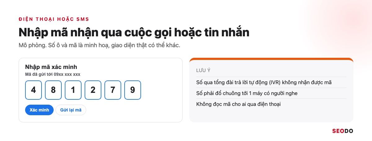 Mô phỏng màn hình nhập mã xác minh nhận qua điện thoại hoặc tin nhắn