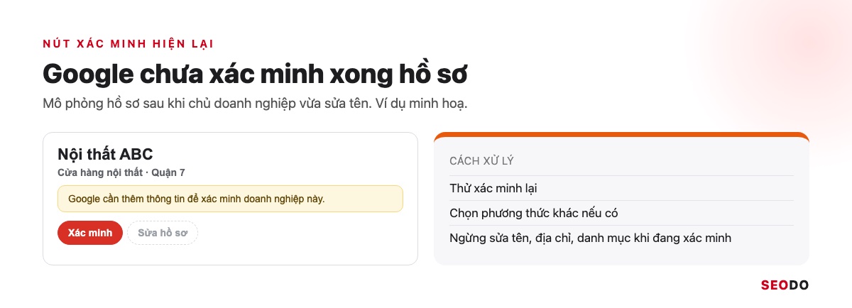 Mô phỏng hồ sơ hiện lại nút Xác minh kèm thông báo Google cần thêm thông tin