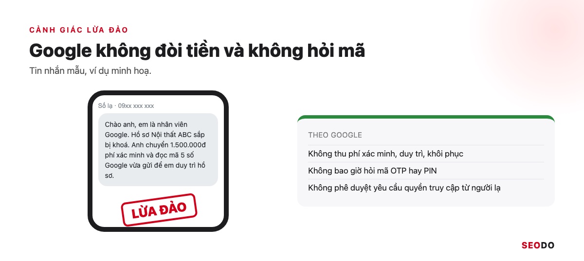 Tin nhắn mẫu tự xưng nhân viên Google đòi phí xác minh, đóng dấu lừa đảo