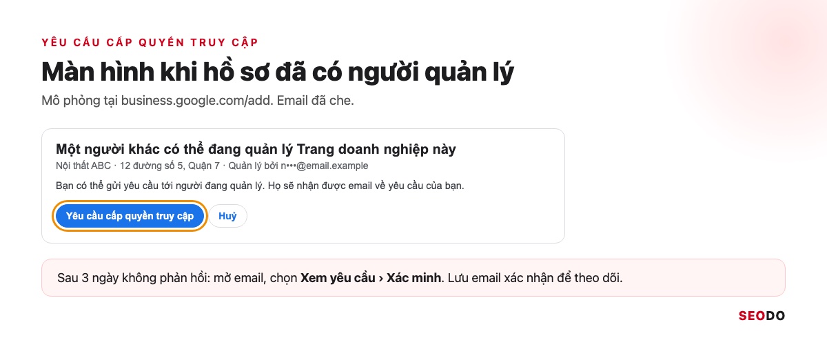 Mô phỏng thông báo Một người khác có thể đang quản lý Trang doanh nghiệp này với nút Yêu cầu cấp quyền truy cập