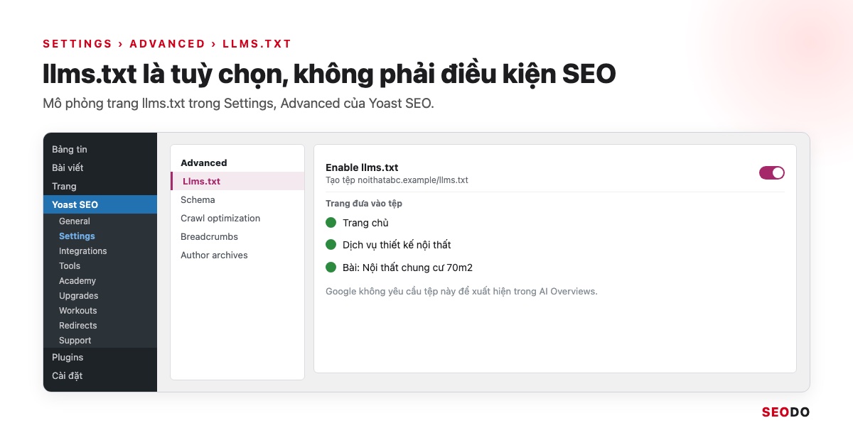 Yoast SEO Là Gì? Hướng Dẫn Cài Đặt Và Cách Dùng Yoast SEO Chi Tiết (Cập Nhật 2026) 49 Mô phỏng trang Settings, Advanced, llms.txt với công tắc bật và danh sách trang